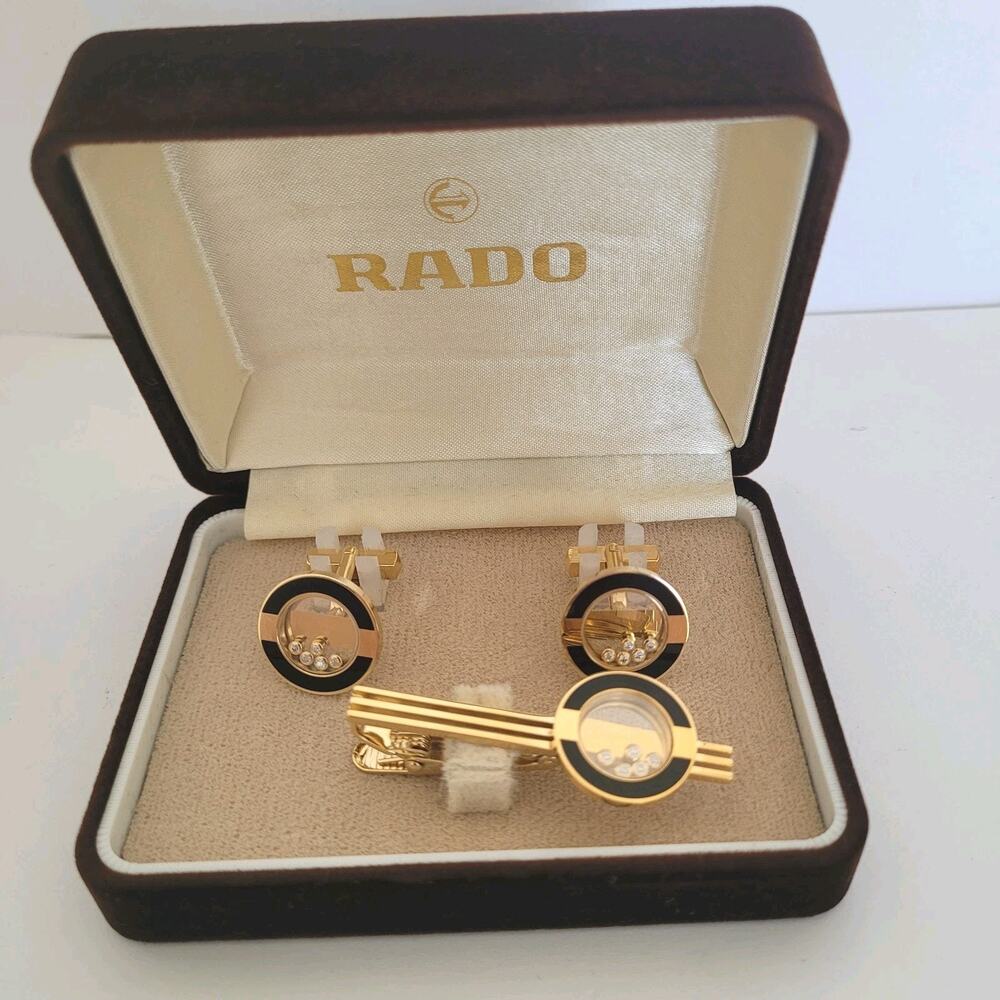 Rado Fantasy Diamonds Vintage Cufflinks Tie Clasp Bar Set Gold Black Glam Box